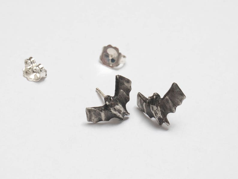 Silver Bat Stud Earrings, Bat Wings, Goth Vampire Jewelry image 1