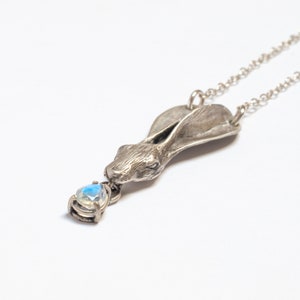 Moonstone Hare Pendant, hand-carved necklace on cable chain