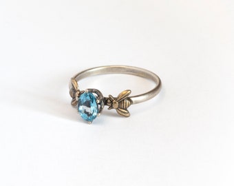 London Blue Topaz Honey Bee Ring, Bee Jewelry Gift, December Birthstone or Alternative Engagement Ring, Blue Stone Ring