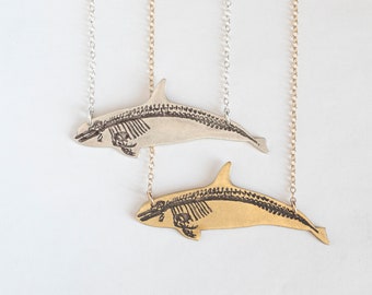 Orca or Killer Whale Necklace, with etched skeleton in brass or sterling silver