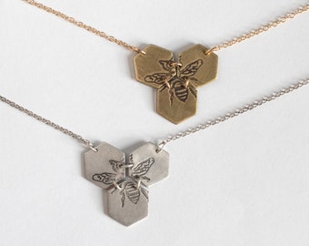 Honey Bee in Three Hexagons Necklace, etched bee in brass or sterling silver