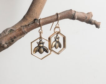 Bee in Hexagon Earrings, Gold-plated Honey Bee Charms