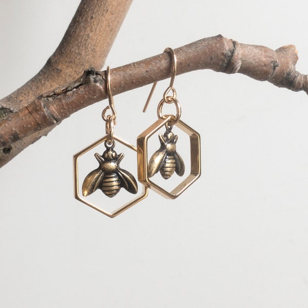 Bee in Hexagon Earrings, Gold-plated Honey Bee Charms