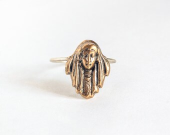Art Nouveau- Style Veiled Face Ring, brass charm on thin silver band