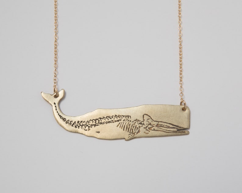 oxidized brass whale pendant with etched skeleton, on a white background