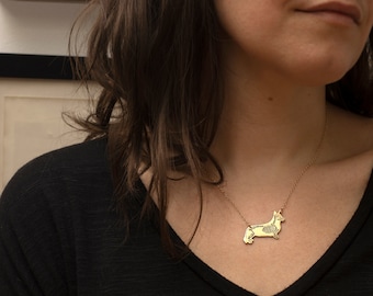 Corgi Dog Necklace, with etched skeleton in brass or sterling silver