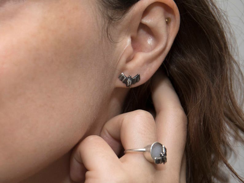 Silver Bat Stud Earrings, Bat Wings, Goth Vampire Jewelry image 4