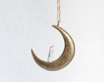 Crescent moon necklace with rough quartz, hand carved and cast in brass