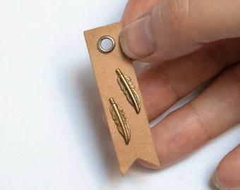 Oxidized Brass Feather Stud Earrings: Sterling Silver Posts