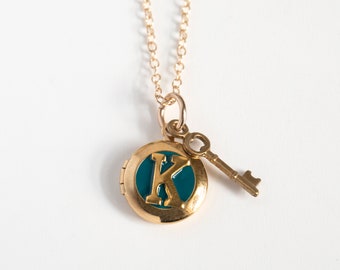 Key Charm with Tiny Photo Locket Necklace, Personalized with an Initial