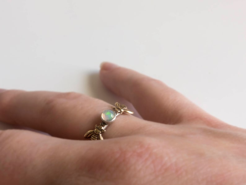 Opal Bee Ring, Honeybee Ring, Bee Jewelry with Gemstone, Apiarist Ring, Stacking October Birthstone Ring image 4