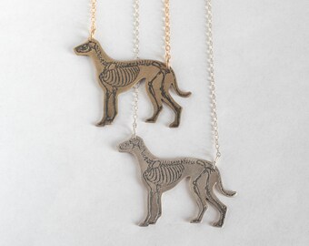 Greyhound or Whippet Necklace, with etched skeleton in brass or sterling silver