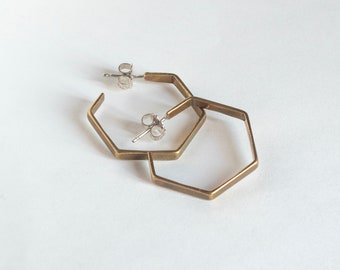 Hexagon Hoop Earrings, geometric brass with silver posts