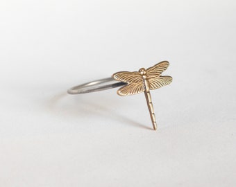 Tiny Dragonfly Ring, brass charm on a silver band