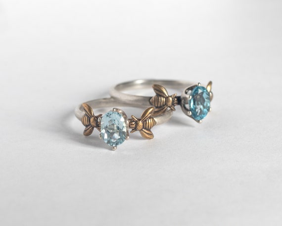 London Blue or Sky Blue Topaz Honey Bee Ring, a December birthstone