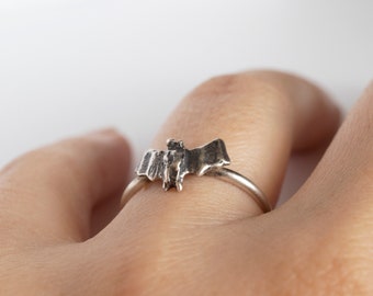 Tiny Flying Bat Ring, hand-carved and cast in sterling silver or gold