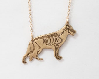 German Shepherd Dog Necklace, with etched skeleton in brass or sterling silver