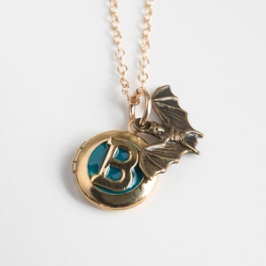 Gold Bat Necklace, Personalized Initial Photo Locket, Goth Halloween Vampire Jewelry Single Locket