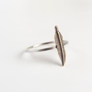 Golden Feather Ring, brass charm on thin silver band