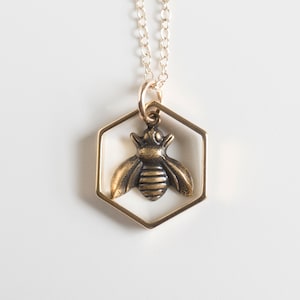 Bee in Hexagon Charm Necklace, Sacred Geometry Jewelry