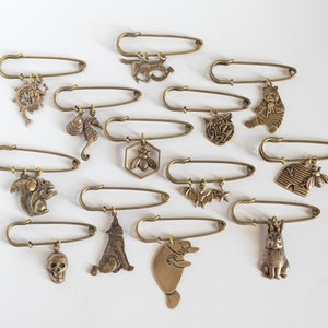 various brass charm pins on a white background