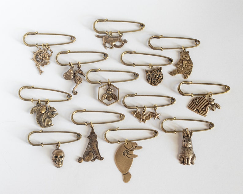 various brass charm pins on a white background