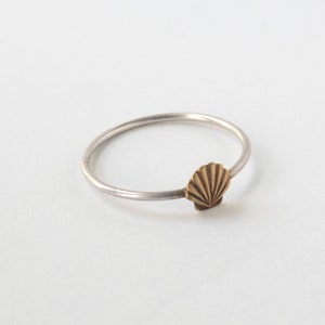 Tiny Minimalist Seashell Ring for Beach Lover, brass charm on silver band
