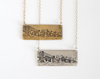 Brooklyn Bridge Etched Necklace, in brass or sterling silver