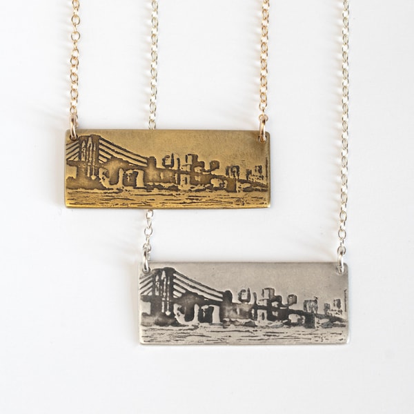 Collier gravé Brooklyn Bridge, en laiton ou en argent sterling