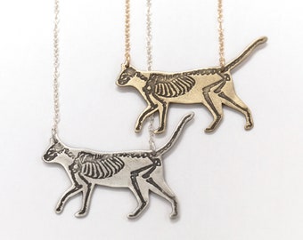 Cat Skeleton Necklace, etched anatomy into brass or sterling silver