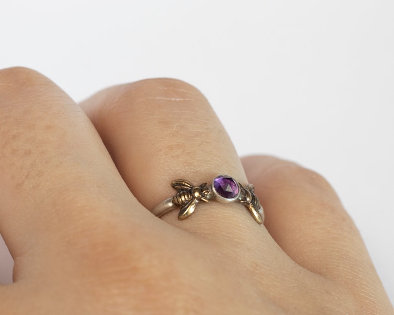 Amethyst Gemstone Honeybee Ring, Bee Jewelry, February Birthstone or Alternative Engagement Ring, Purple Stone Solitaire Ring image 8