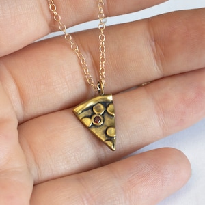 Pizza Slice Necklace, hand-carved and set with Garnet Pepperoni - Silver, Brass, or Gold