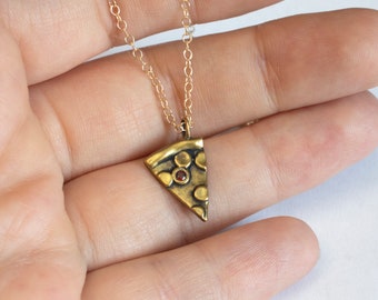 Pizza Slice Necklace, hand-carved and set with Garnet Pepperoni - Silver, Brass, or Gold