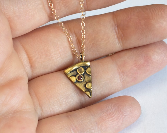 Pizza Slice Necklace Hand carved and Set With Garnet Pepperoni