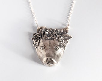 Pit Bull Flower Power Necklace by Sophie Gamand, hand carved silver pittie jewelry with flower crown