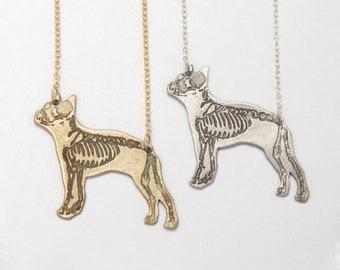 Boston Terrier Dog Pendant, with etched skeleton in brass or sterling silver