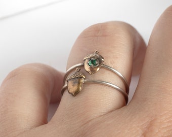 Tiny Brass Acorn Ring on Delicate Silver Band, with or without gemstone