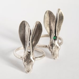 Hare or Rabbit Ring, Hand-carved Jewelry in silver or gold with gemstones