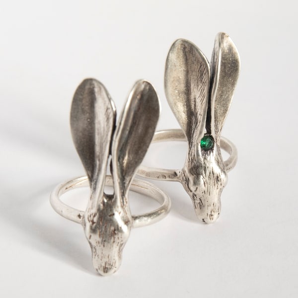 Hare or Rabbit Ring, Handcarved Fertlity Symbol Jewelry, silver or gold with gemstones