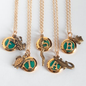 May include: Five gold necklaces with green enamel charms. Each charm features a different letter, a frog, a turtle, a snake, and an alligator.