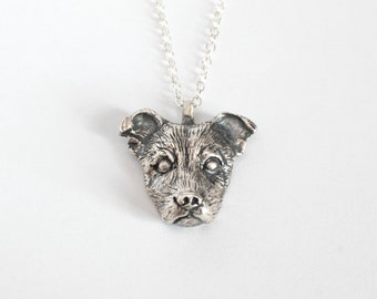 Hand Carved Silver Dog Head Necklace, Floppy Eared Mutt Jewelry, Animal Totem Pitbull Mix
