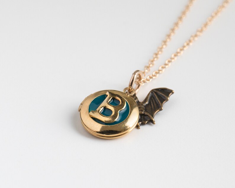 Gold Bat Necklace, Personalized Initial Photo Locket, Goth Halloween Vampire Jewelry image 2