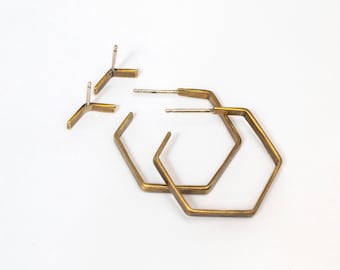 Hexagon Hoop Earrings, geometric brass with silver posts