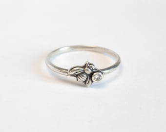 Solitaire Gemstone Ring with Tiny Oxidized Sterling Silver Bee, various gemstones available