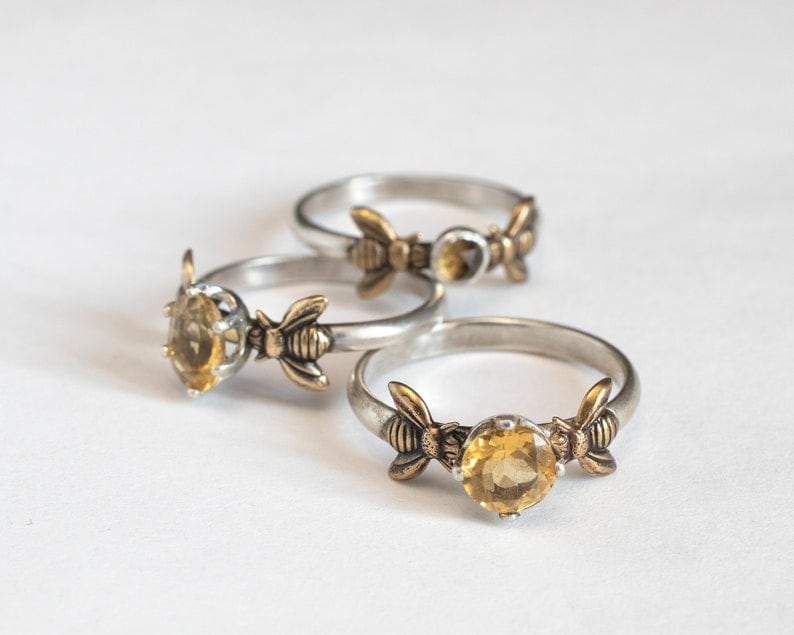 Citrine Bee Ring, Beekeeper Jewelry Gift, November Birthstone or Alternative Engagement Ring, Apiarist Ring 