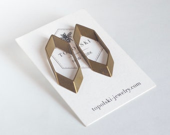 Stretched Hexagon Earrings, oblong geometric brass studs