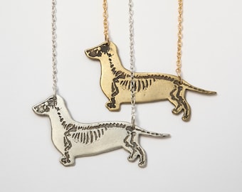 Dachshund Skeleton Etched Necklace, in brass or sterling silver