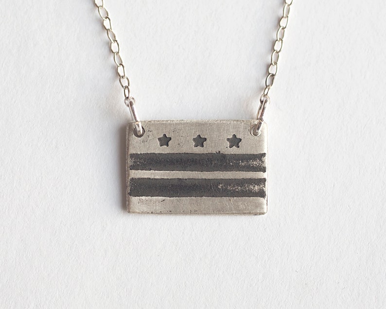 sterling silver washington DC flag necklace, on white background