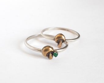 Tiny Magic Mushroom Ring, brass charm on silver band, with or without gemstone