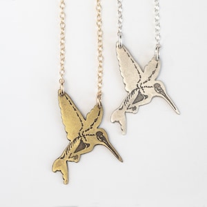 Silver or Brass Hummingbird Necklace, with acid-etched skeleton